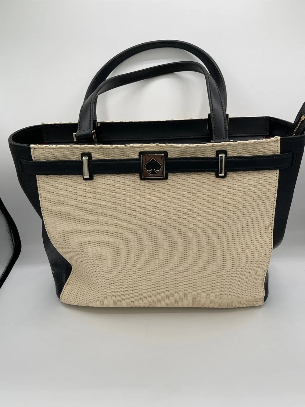 kate spade Natural Straw Houston Street Leo  Cream & Black Top-Handle Tote COA